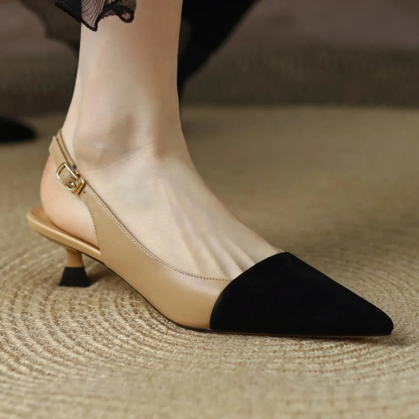 Merendy Fatma Leather Slip-On Pointed Toe Kitten Heel Slingback Pumps
