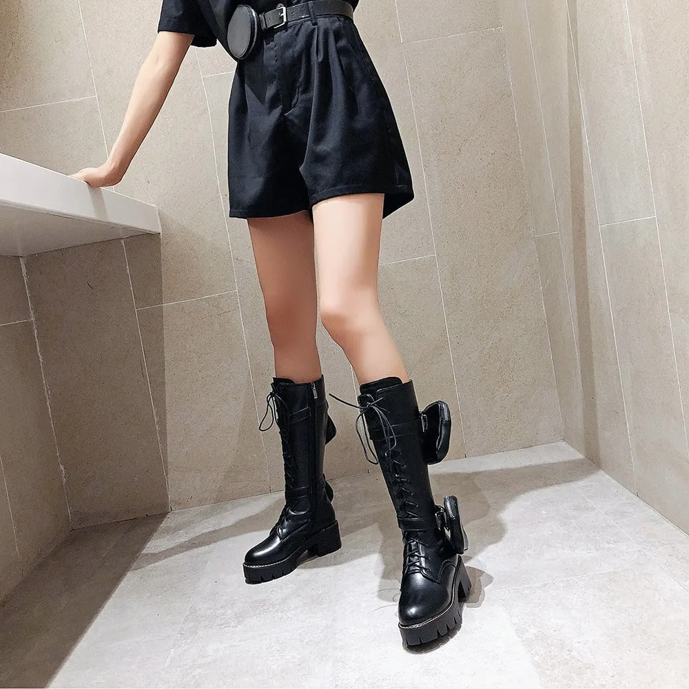 Motorcycle Womens Boots / Lace-Up Platform Shoes / Steampunk Fashion Thick-soled Shoes for Women