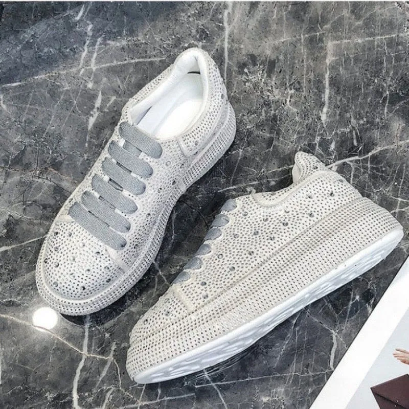 New 2023 Autumn Women Platform Shoes rhinestones Thick-soled White Silver Shoes Shining Crystal Sneakers Trend Casual Sneakers