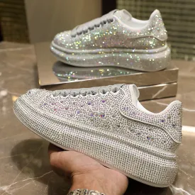 New 2023 Autumn Women Platform Shoes rhinestones Thick-soled White Silver Shoes Shining Crystal Sneakers Trend Casual Sneakers