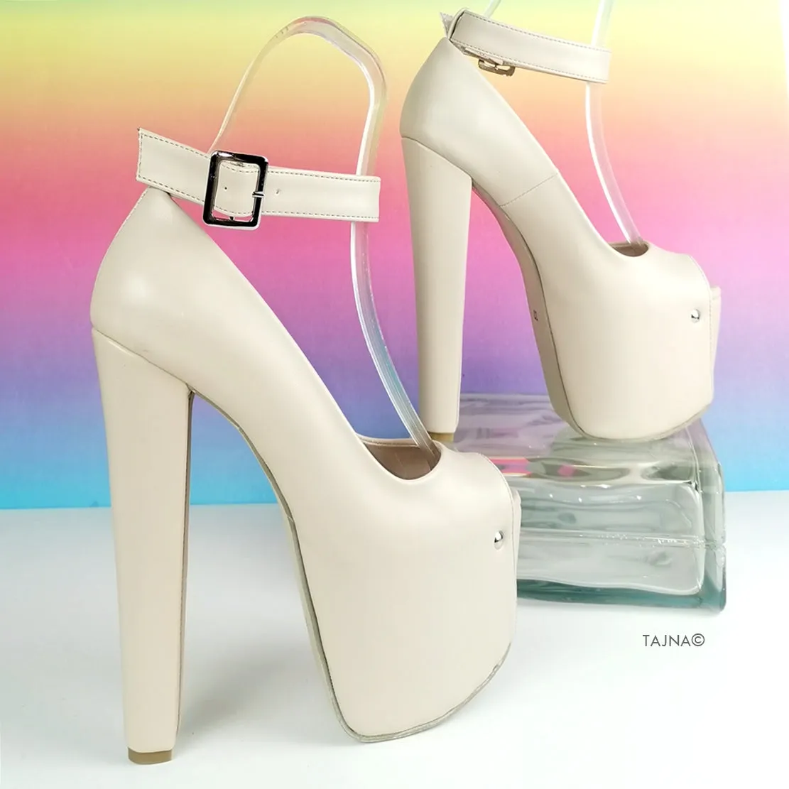 Nude Cream Ankle Strap Thick Heels