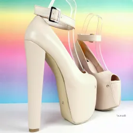 Nude Cream Ankle Strap Thick Heels