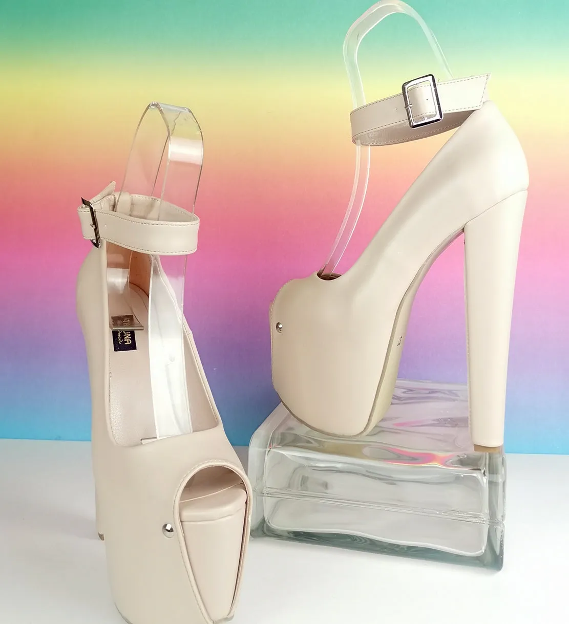 Nude Cream Ankle Strap Thick Heels