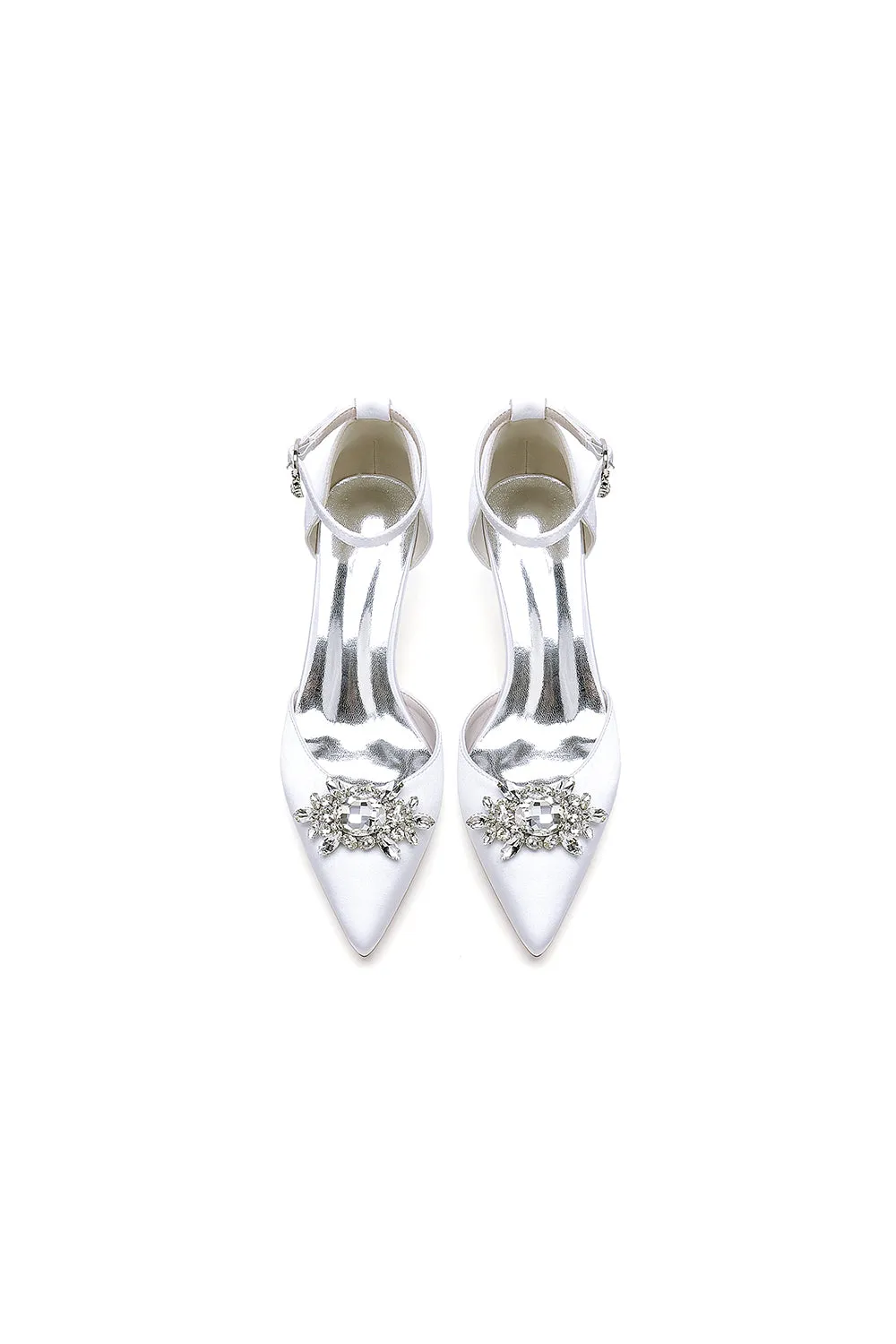 Pointed Toe Ankle Strap Chunky Heel With Rhinestone