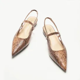 Pointed Toe Snakeskin Slingback Flats (Freya) Brown Snake