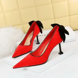 Sweet Beauty Shoes with Thin Heels, Suede, Shallow Mouth, Pointed Toe, Colored Bow Tie