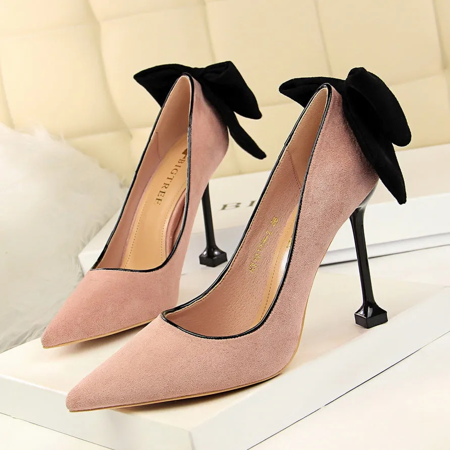 Sweet Beauty Shoes with Thin Heels, Suede, Shallow Mouth, Pointed Toe, Colored Bow Tie