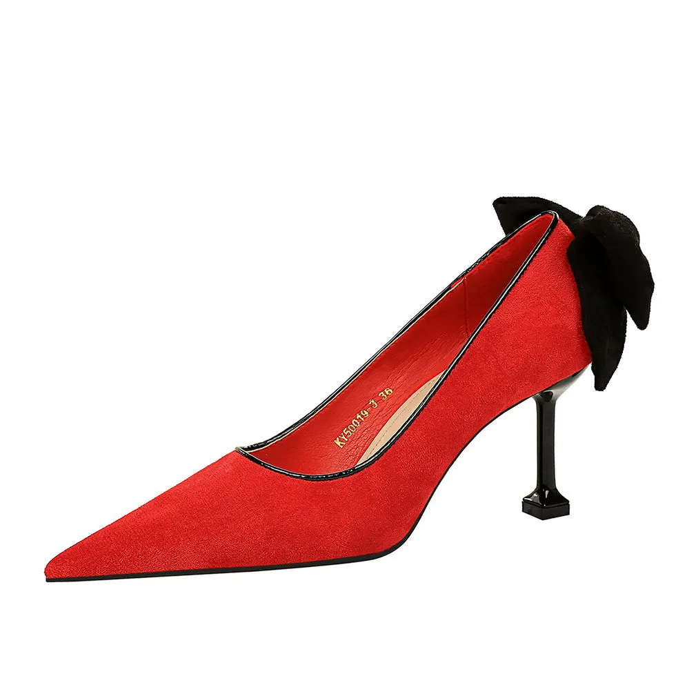 Sweet Beauty Shoes with Thin Heels, Suede, Shallow Mouth, Pointed Toe, Colored Bow Tie