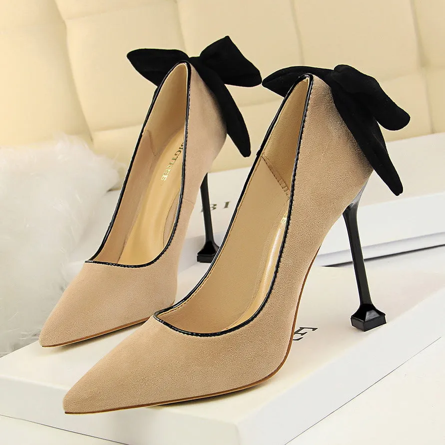 Sweet Beauty Shoes with Thin Heels, Suede, Shallow Mouth, Pointed Toe, Colored Bow Tie