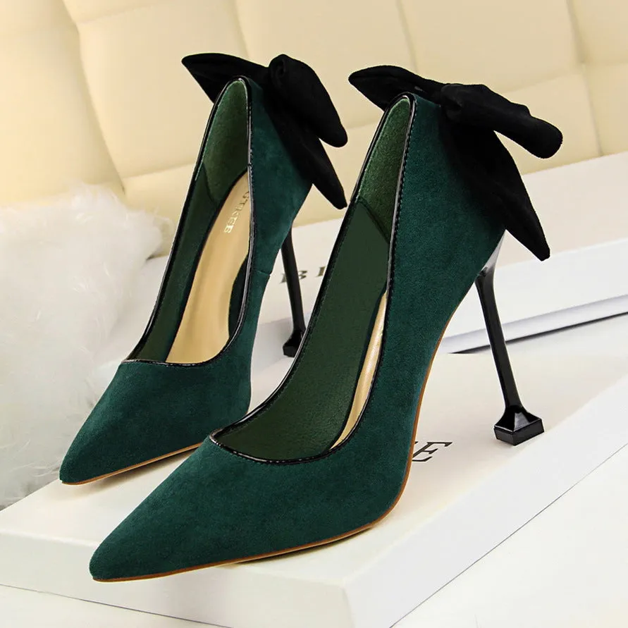 Sweet Beauty Shoes with Thin Heels, Suede, Shallow Mouth, Pointed Toe, Colored Bow Tie
