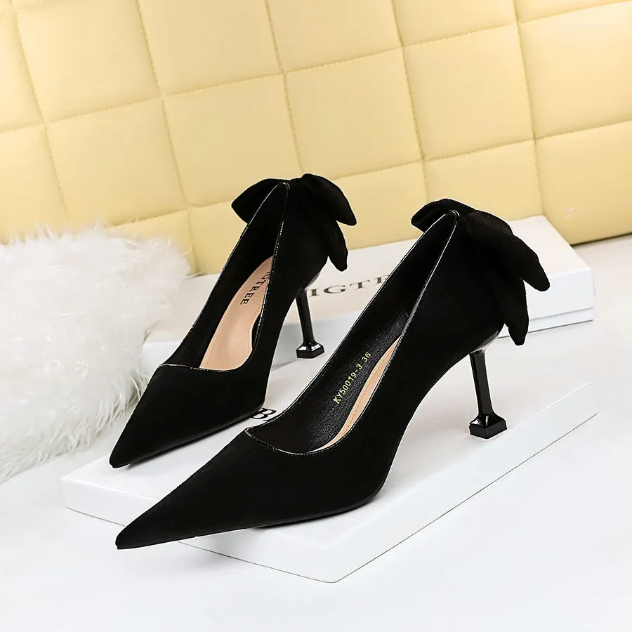Sweet Beauty Shoes with Thin Heels, Suede, Shallow Mouth, Pointed Toe, Colored Bow Tie