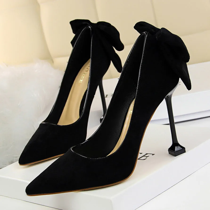 Sweet Beauty Shoes with Thin Heels, Suede, Shallow Mouth, Pointed Toe, Colored Bow Tie