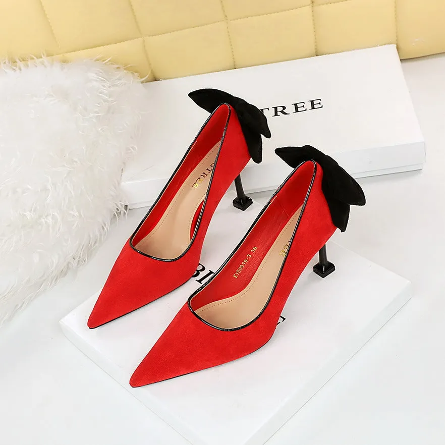 Sweet Beauty Shoes with Thin Heels, Suede, Shallow Mouth, Pointed Toe, Colored Bow Tie