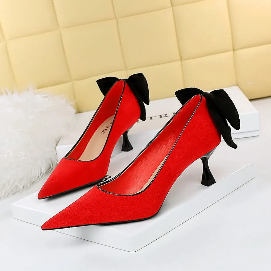 Sweet Beauty Shoes with Thin Heels, Suede, Shallow Mouth, Pointed Toe, Colored Bow Tie