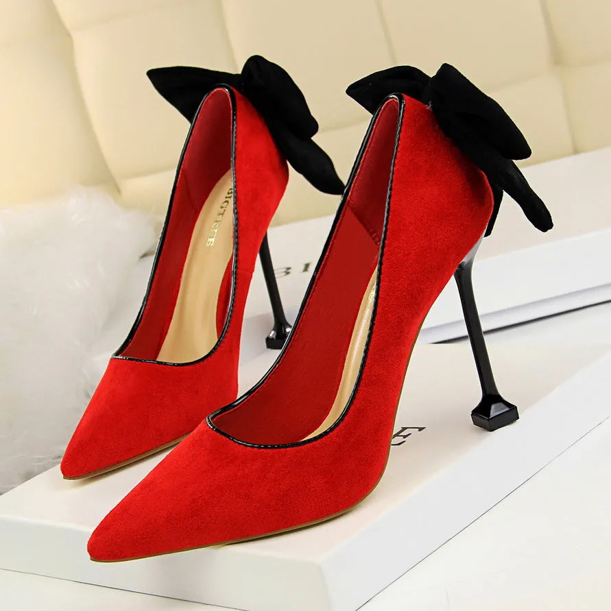 Sweet Beauty Shoes with Thin Heels, Suede, Shallow Mouth, Pointed Toe, Colored Bow Tie