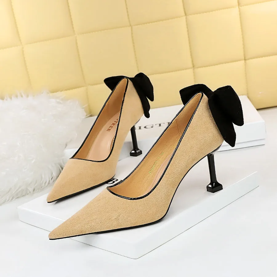 Sweet Beauty Shoes with Thin Heels, Suede, Shallow Mouth, Pointed Toe, Colored Bow Tie