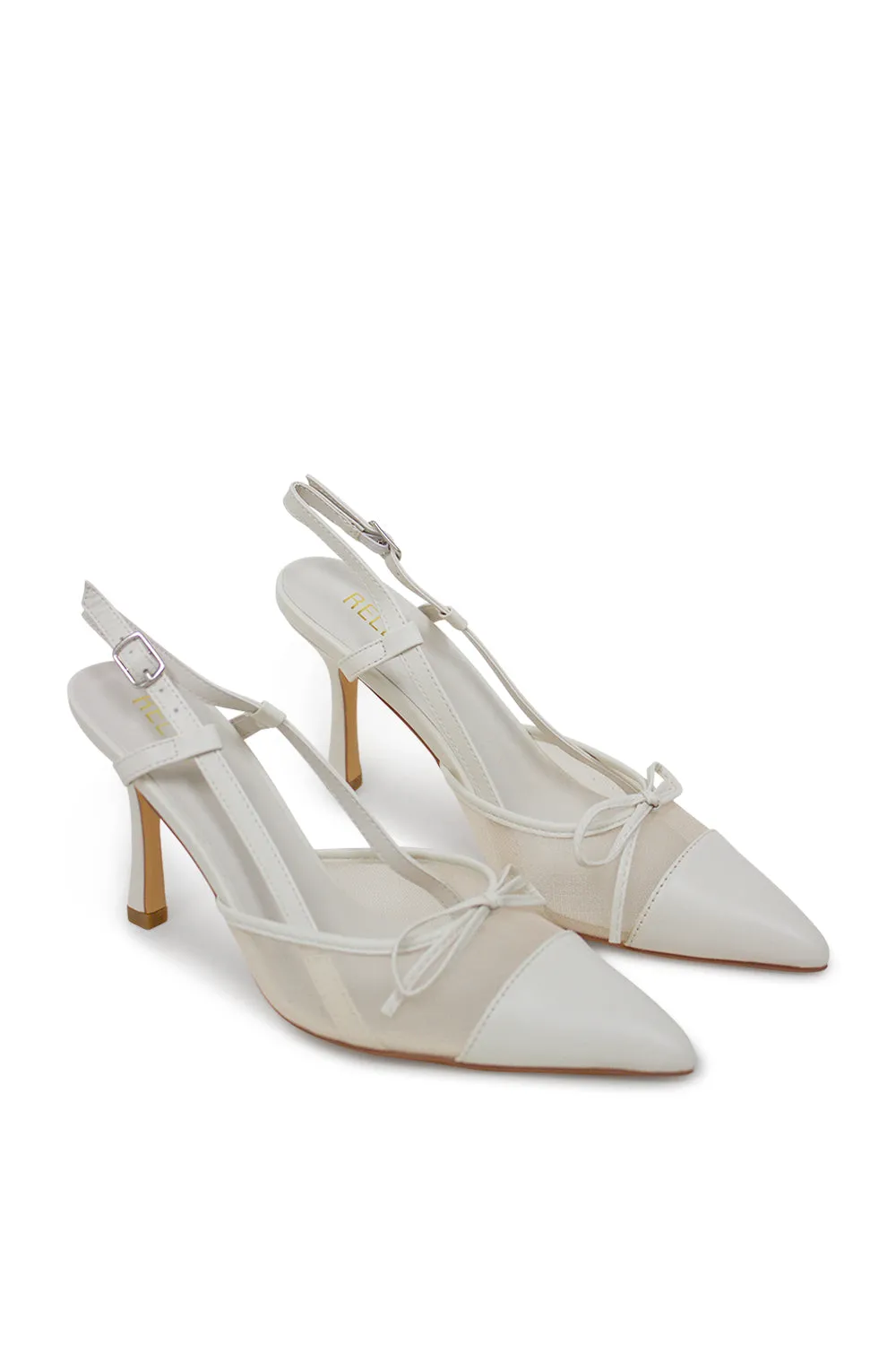 Vee Pointed Toe Kitten Slingback Heel - White Mesh