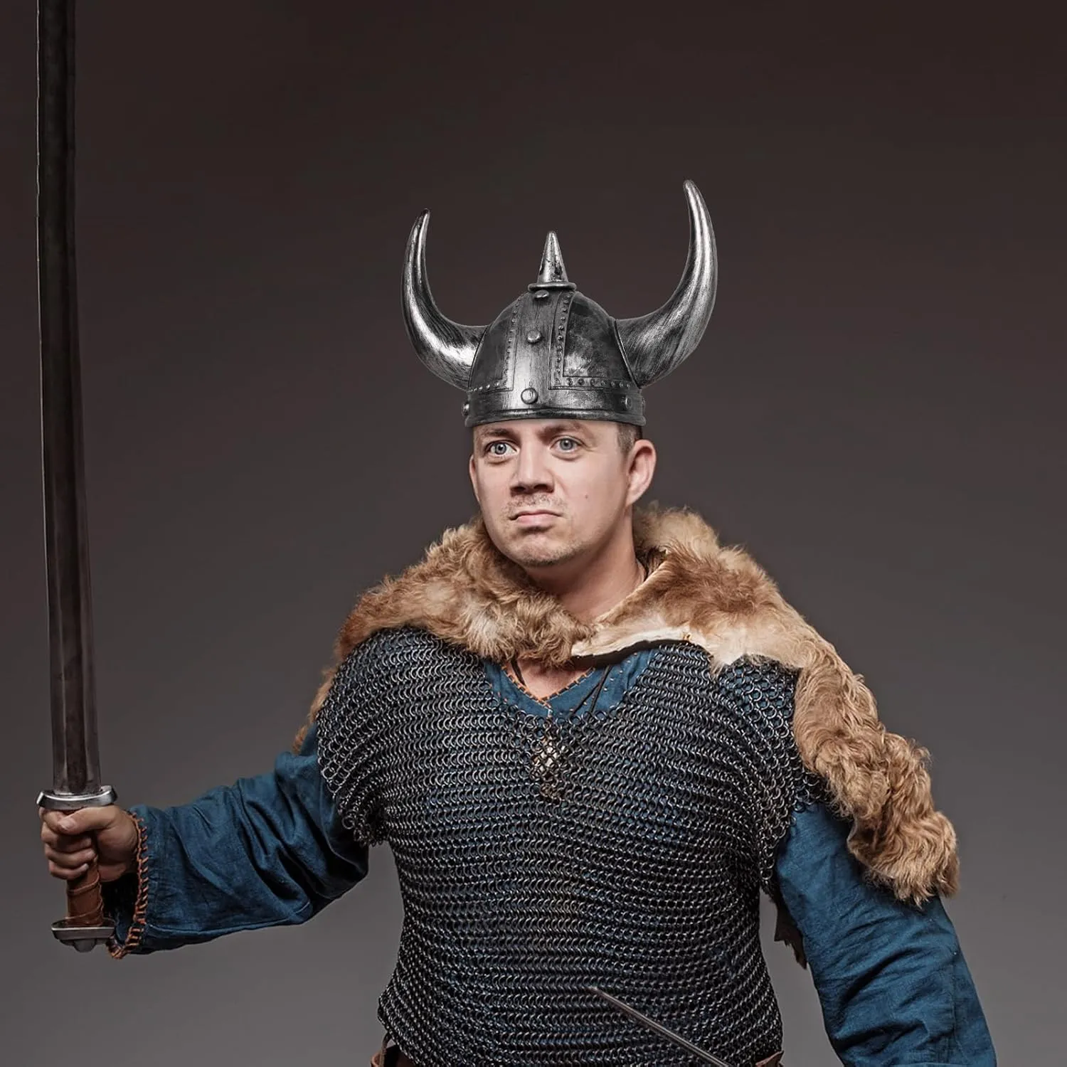 Viking Helmet with Horns for Adult,Plastic Norse Barbarian Warrior Hat Medieval Viking Costume,Funny Halloween Party Hat(B)