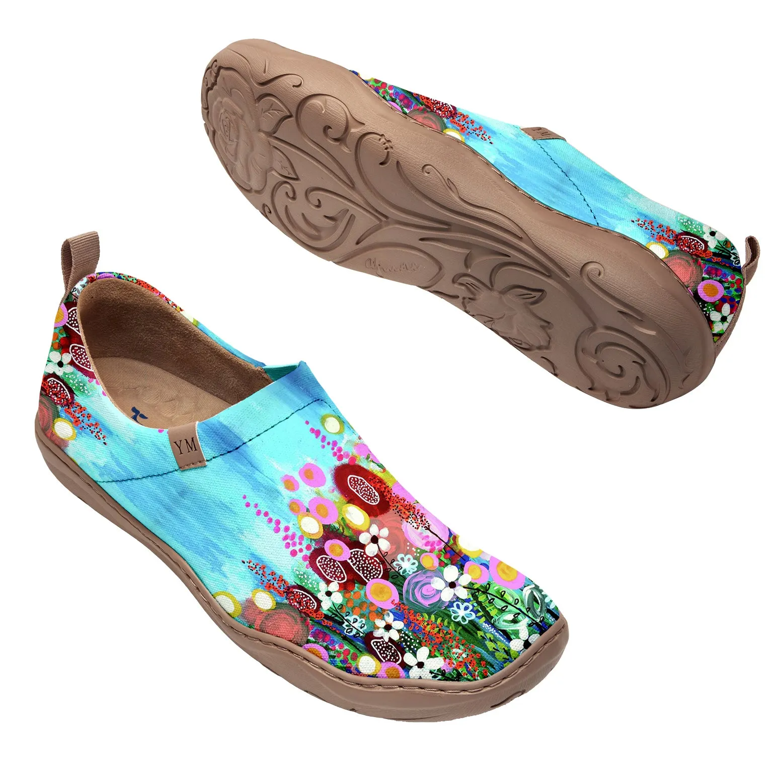 Women's Foldable Loafers,Blue Floral Painted Canvas Slip-On Sneakers,100% Cotton
