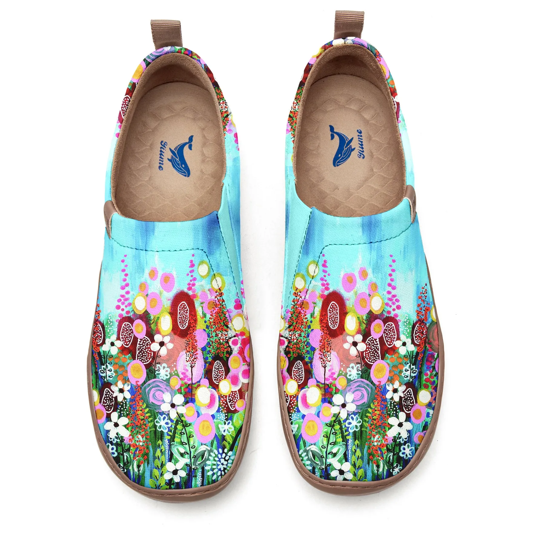 Women's Foldable Loafers,Blue Floral Painted Canvas Slip-On Sneakers,100% Cotton