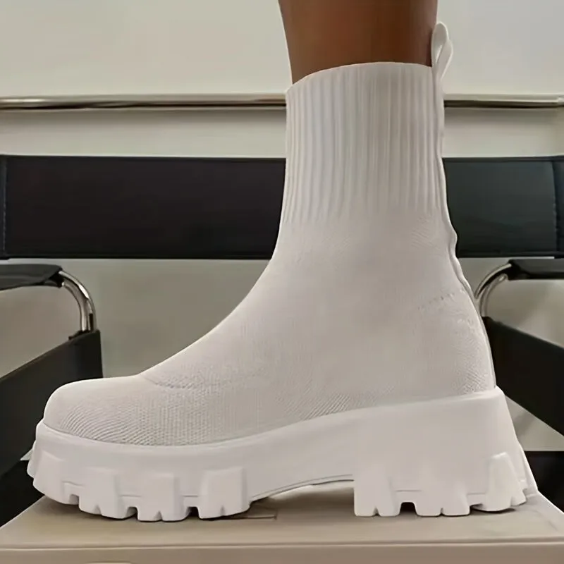Women's Thick-soled Short Boots, Knitted Round Toe Socks Shoes